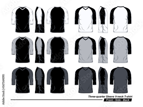 Raglan V-Neck T-Shirt Template  Three Quarter Sleeve  Front  Side and Back View  Black  White and Gray Colors
