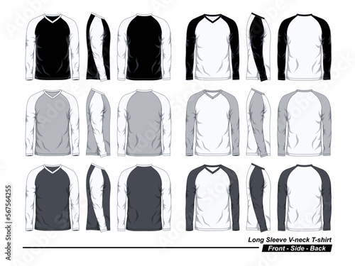 V-Neck Long Sleeve Raglan T-Shirt Template, Black White And Gray Colors, Front Side Back View