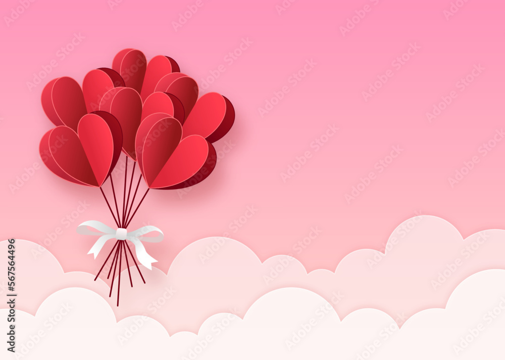 Happy Valentine’s Day Illustration of love with heart, gift, flower and cloud background. Paper cut style. Vector illustration