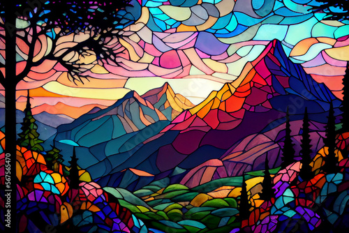 Berge und Gebirge Landschaften als buntes Fensterglas. Illustration. Generative Ai. photo