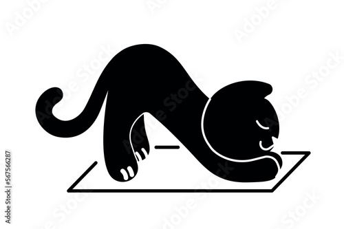 Black cat stretching. Active lifestyle and sports, minimalistic creativity and art. Poster or banner for website. Kitten arches its back. Cartoon flat vector illustration