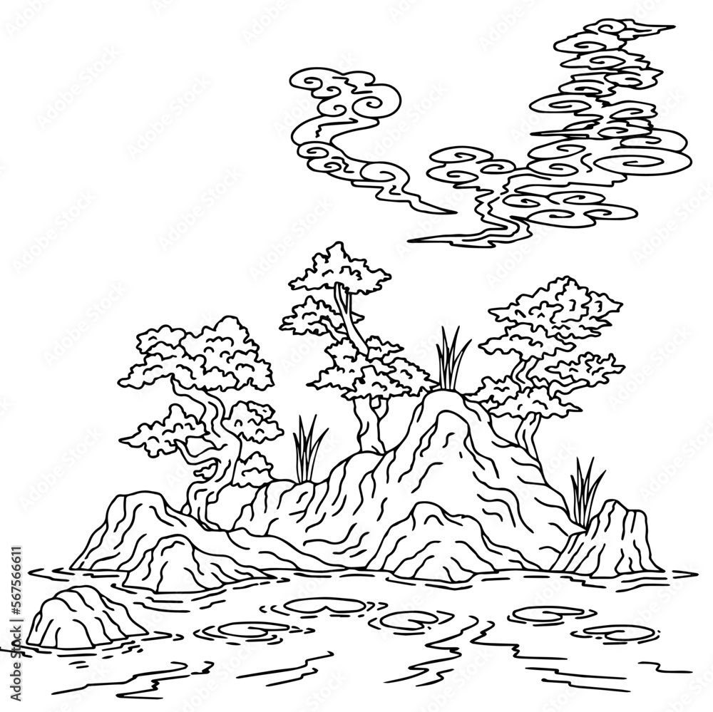 Naklejka premium Design Asian Landscape Painting Outline
