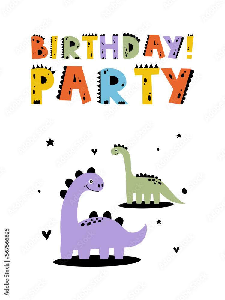 Dino party. Dino birthday. Dinosaur lettering. Bright modern illustration for kids, nursery, poster, card, birthday party, packaging paper design Dino party. Dino birthday. Dinosaur lettering. Bright modern illustration for kids, nursery, poster, card, birthday party, packaging paper design
