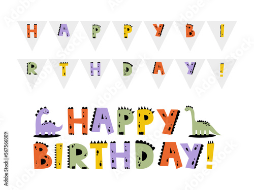 Dino birthday. Dinosaur lettering. Bright modern illustration for kids, nursery, poster, card, birthday party, packaging paper design