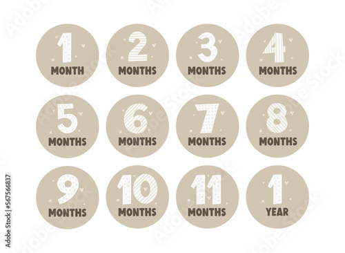 Set of vector lettering stickers today I'm 1, 2, 3, 4, 5, 6, 7, 8, 9, 10, 11, 12 months old. Happy birthday greeting card for baby under one year old. Colored handwritten illustrations photo