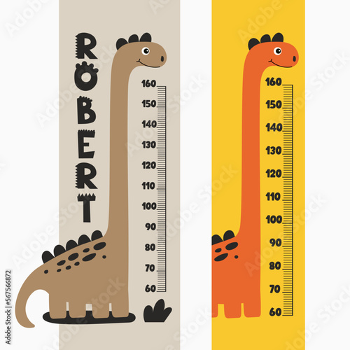Set of kids height charts with funny dinosaurs in doodle cartoon style. Vector Illustration. Childish meter wall for nursery design with cute dino. Great for girl and boy room