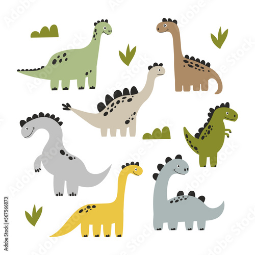 Set of cute dinosaurs. Cartoon funny Jurassic animals. Simple flat vector illustrations