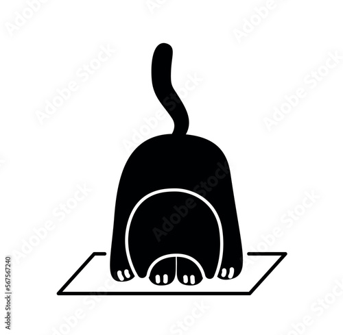 Black cat stretching. Active lifestyle, yoga and fitness. Sticker for social networks and messengers. Adorable and charming kitten silhouette. Cartoon flat vector illustration