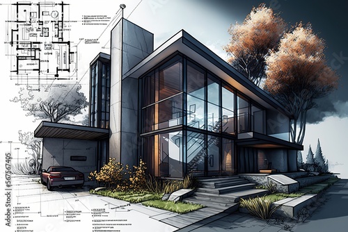 Architectural project sketch. Generative Ai . Modern building sketch 