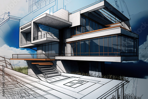 Architectural project sketch. Generative Ai . Modern building sketch 