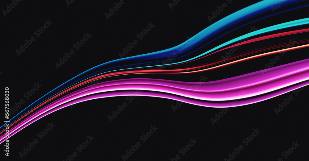 Fototapeta premium Abstract color wave on black background, 3d neon colors flow, wide banner, copy space