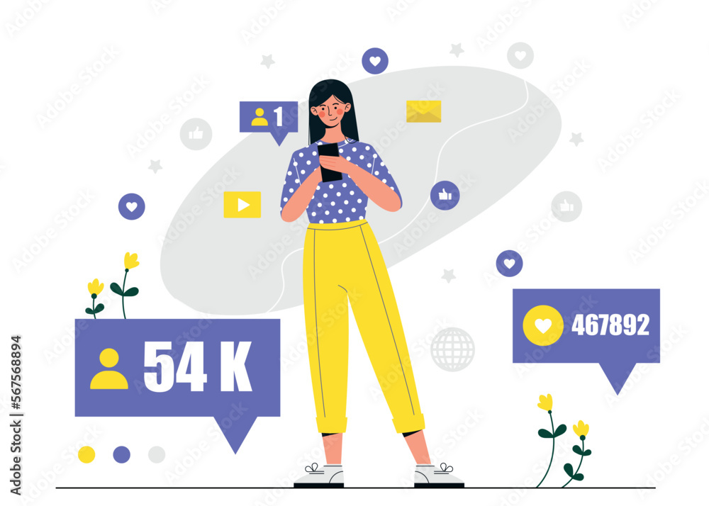 Famous person concept. Young girl with smartphone in her hands looks at number of subscribers, followers, talented blogger. Social networks and interesting content. Cartoon flat vector illustration Famous person concept. Young girl with smartphone in her hands looks at number of subscribers, followers, talented blogger. Social networks and interesting content. Cartoon flat vector illustration