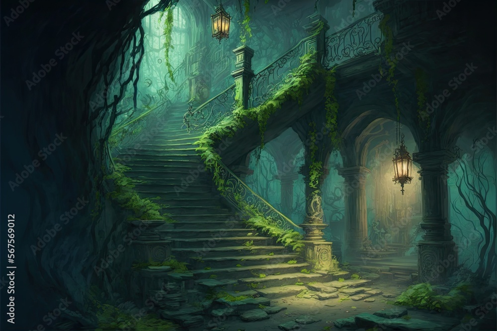 swampy cave lair or dungeon, abandoned cellar ruins for fantasy adventure  table top role playing game setting. creepy entryway where monsters may  live. Generative AI. Stock Illustration | Adobe Stock