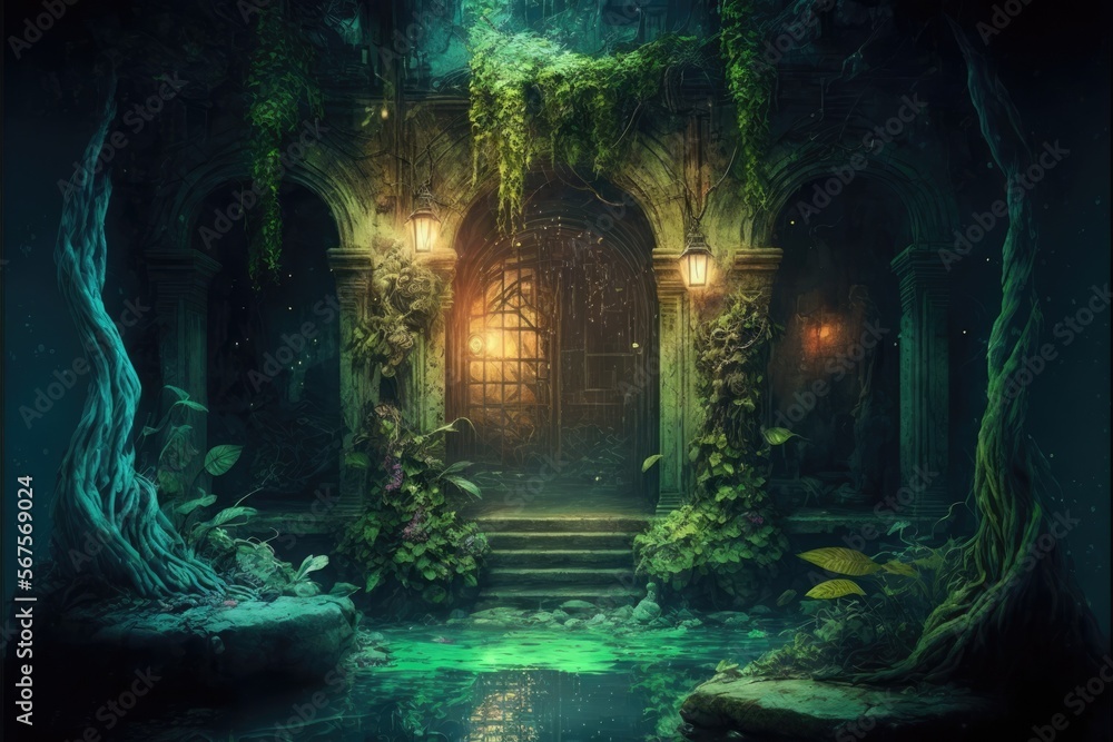 swampy cave lair or dungeon, abandoned cellar ruins for fantasy adventure table top role playing game setting. creepy entryway where monsters may live. Generative AI.  - obrazy, fototapety, plakaty 