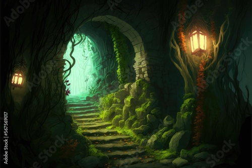 swampy cave lair or dungeon, abandoned cellar ruins for fantasy adventure table top role playing game setting. creepy entryway where monsters may live. Generative AI.  photo