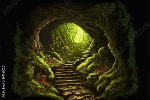 swampy cave lair or dungeon, abandoned cellar ruins for fantasy adventure table top role playing game setting. creepy entryway where monsters may live. Generative AI.  photo