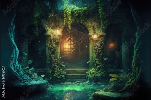 swampy cave lair or dungeon, abandoned cellar ruins for fantasy adventure table top role playing game setting. creepy entryway where monsters may live. Generative AI. 