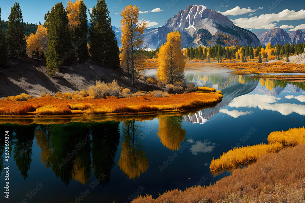 Naklejka premium lake in Yellowstone National Park with mountains by generative AI