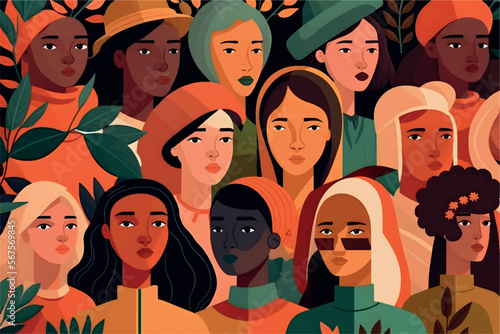 group of women of various ethnicities and religions, diversity and equality background