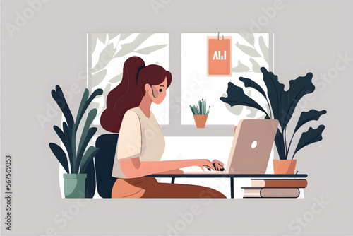 young lady working on laptop in home office, soft colors, flat minimalist design. Isolated.