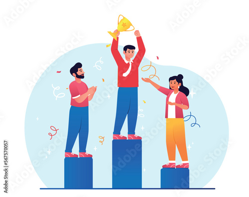 Man on first place. Young guy with golden cup on podium or pedestal. Character with trophy, best employee and competition winner. Achievement, award and reward. Cartoon flat vector illustration