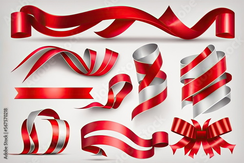 Collection of red ribbons banner, shapes of ribbons design,on white background, Made by AI,Artificial intelligence