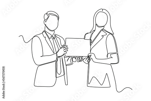 Single one line drawing happy woman gets award best employee. Personal development Concept. Continuous line draw design graphic vector illustration.