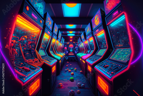 Arcade games room neon light colorful - illustration - Generative AI photo