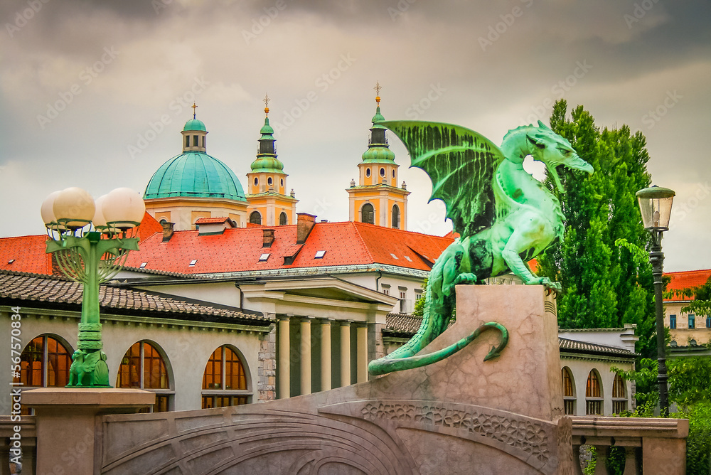 Dragon Bridge, symbol of the city of Ljubljana, Slovenia