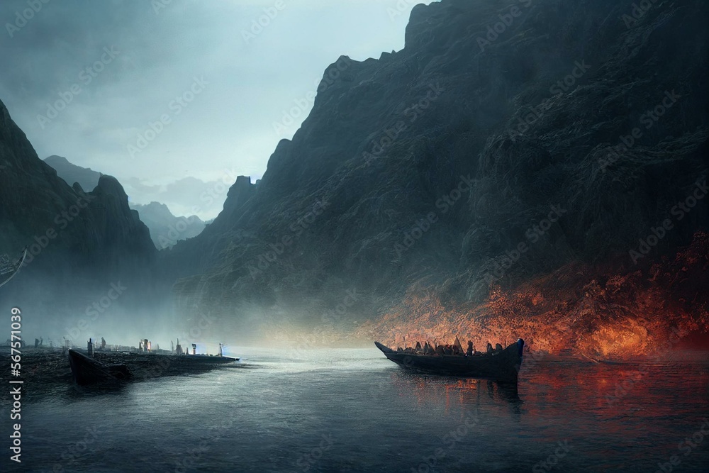 Charon's ferry crossing the river Acheron, Dante's Inferno. Generative ...