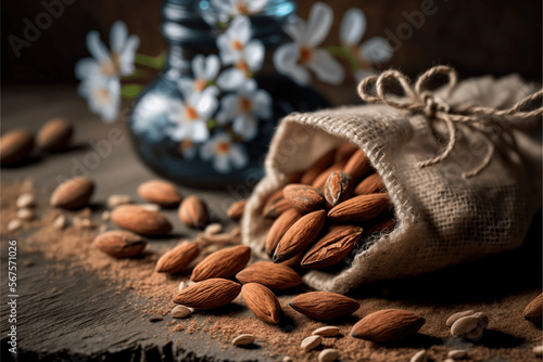 rustic bag with almonds and almond blossoms ai generative