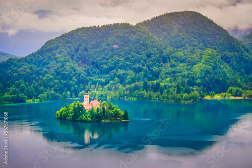 Lake Bled and Santa Maria Church from above, idyllic landscape of Slovenia photo