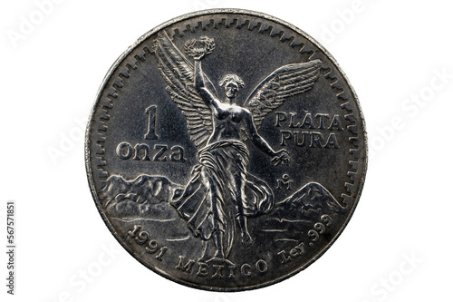 Reverso 1 onza troy de plata pura 1991 Mexicana con imagen del angel de la independencia