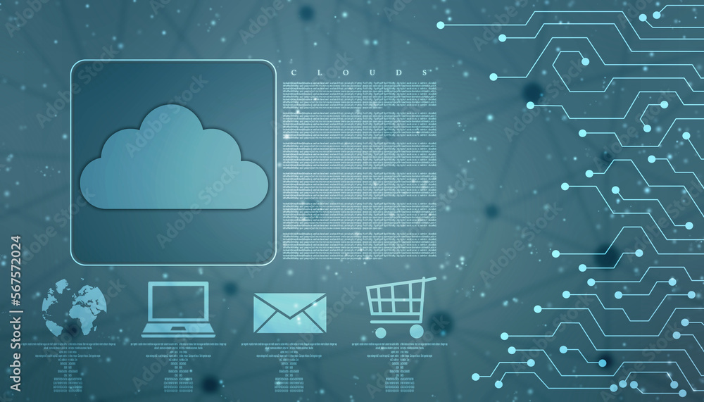2d illustration of Cloud computing, Digital Cloud computing and network Concept background. Cyber technology, internet data storage, database and Internet server concept 2d illustration of Cloud computing, Digital Cloud computing and network Concept background. Cyber technology, internet data storage, database and Internet server concept