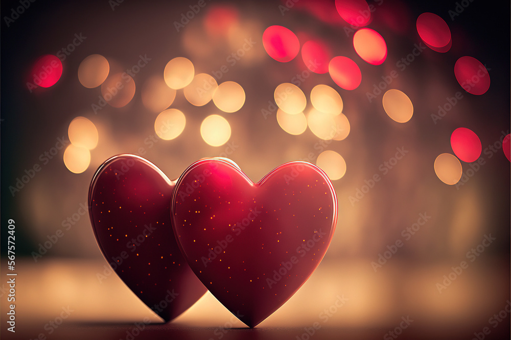 Greeting card for Saint Valentine's Day with two red hearts on a bokeh background. Generative AI