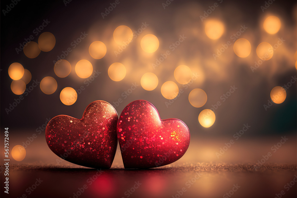 Greeting card for Saint Valentine's Day with two red hearts on a bokeh background. Generative AI Greeting card for Saint Valentine's Day with two red hearts on a bokeh background. Generative AI