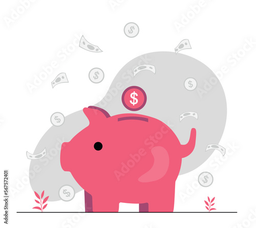 Piggy bank with gold coin. Metaphor of savings and financial literacy. Family budget and planning, passive income. Poster or banner for website. Cartoon flat vector illustration