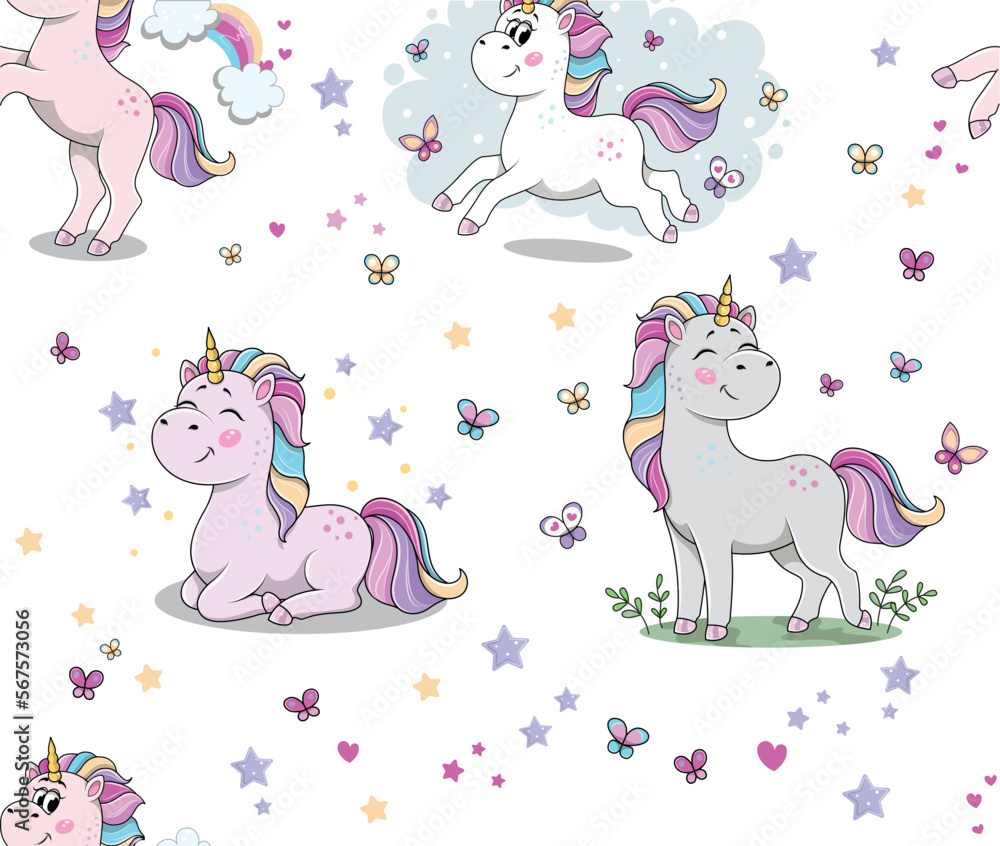 Unicorns seamless pattern. Repeating design element for printing on fabric. Fairy tale, imagination and fantasy, rainbow pony. Fictional character, magic and sorcery. Cartoon flat vector illustration Unicorns seamless pattern. Repeating design element for printing on fabric. Fairy tale, imagination and fantasy, rainbow pony. Fictional character, magic and sorcery. Cartoon flat vector illustration