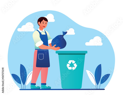 Waste processing concept. Man throws black bag into trash can. Caring for nature and ecology  zero waste  sorting and recycling. Responsible society and activist. Cartoon flat vector illustration