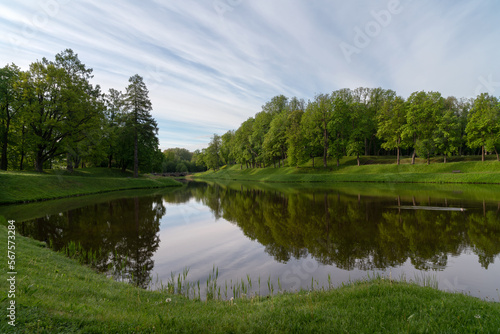 Karpin pond in Gatchinsky Park on a sunny summer day, Gatchina, Leningrad region, Russia