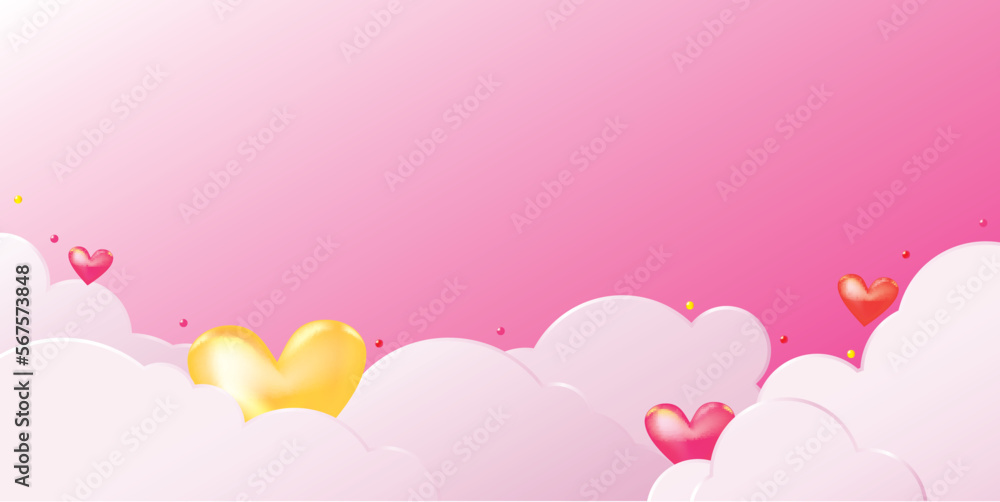 Pink Sky Background with Cloud, Orbs, and Hearts Vector Illustration