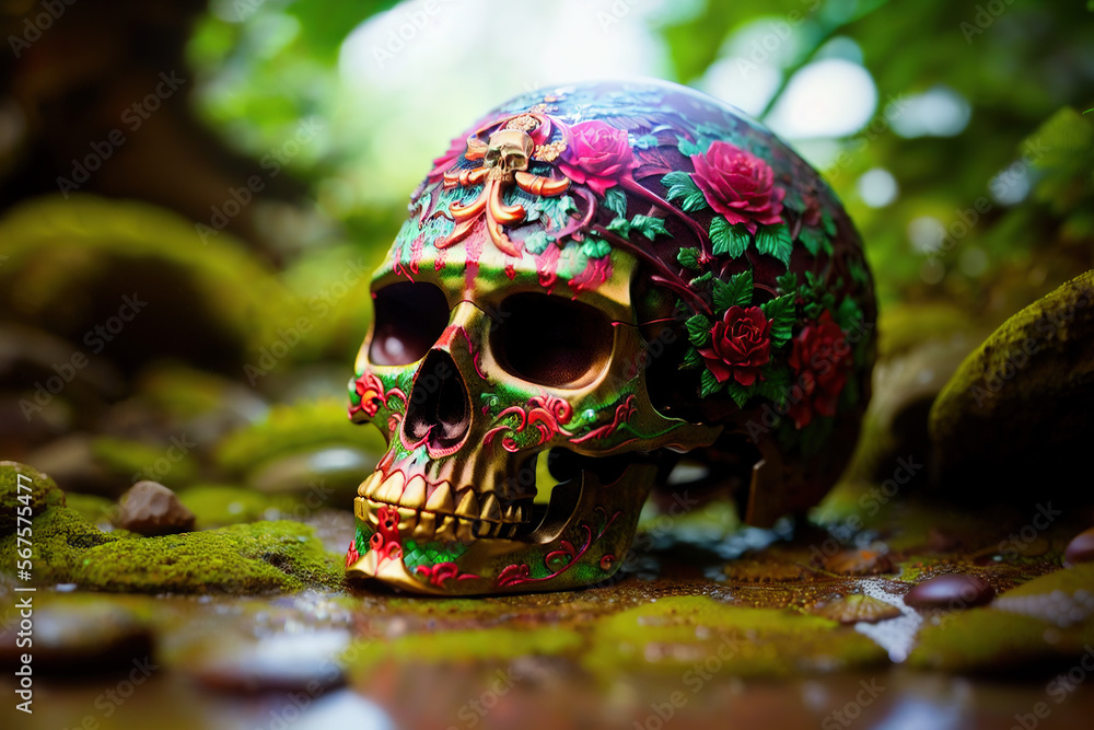 Flower Engraved Skeleton Skull in an Idyllic River Landscape with Lush Trees Generative AI 3D Art Flower Engraved Skeleton Skull in an Idyllic River Landscape with Lush Trees Generative AI 3D Art