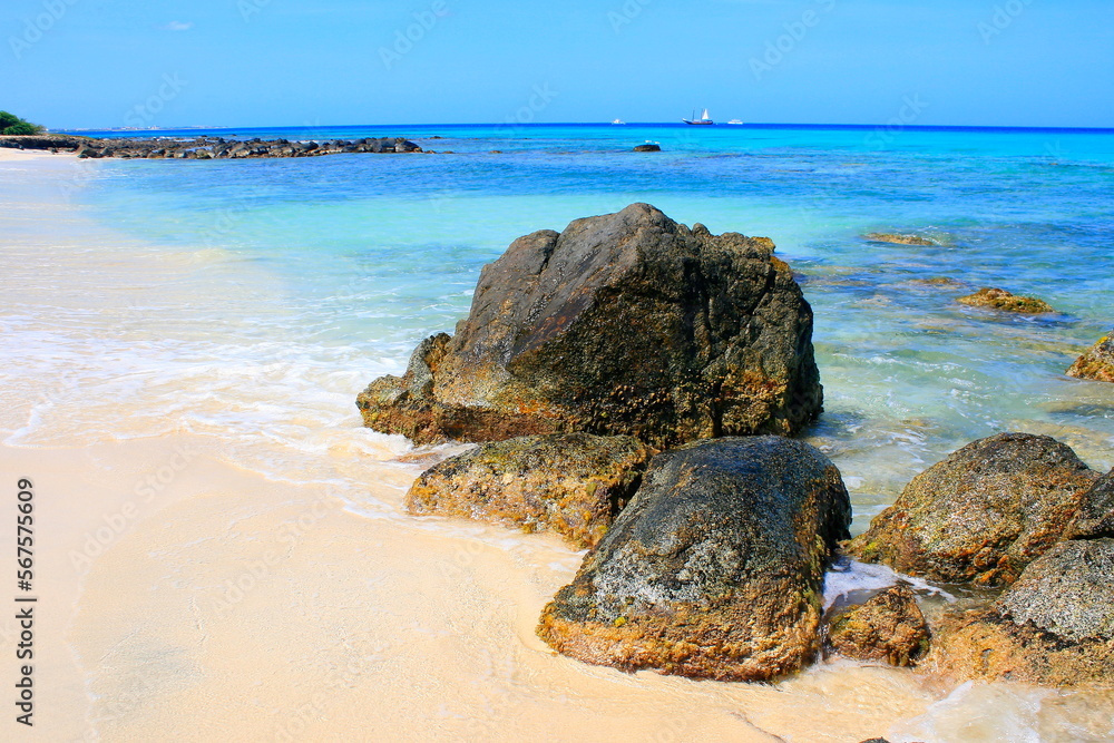 Secluded turquoise beach in Aruba, Caribbean Blue sea, Duth Antilles