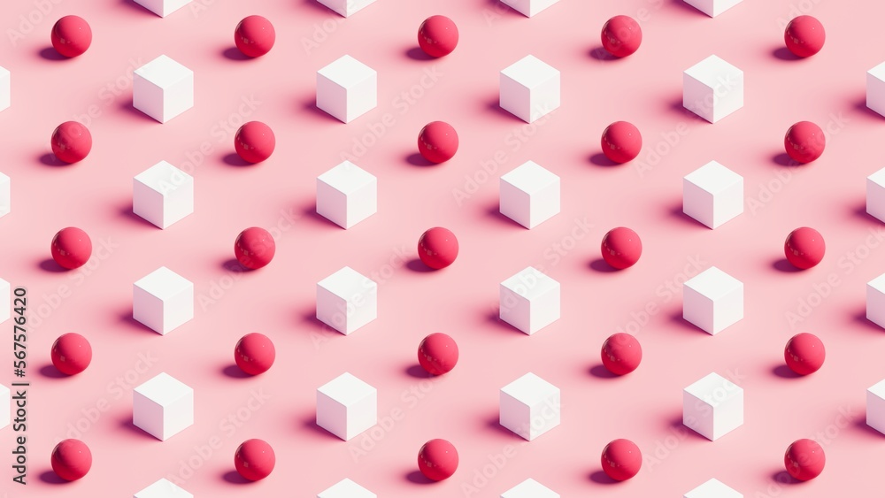 3d illustration of white cubes and red spheres pattern on a pink table, usable for wallpaper horizontal 3d illustration of white cubes and red spheres pattern on a pink table, usable for wallpaper horizontal