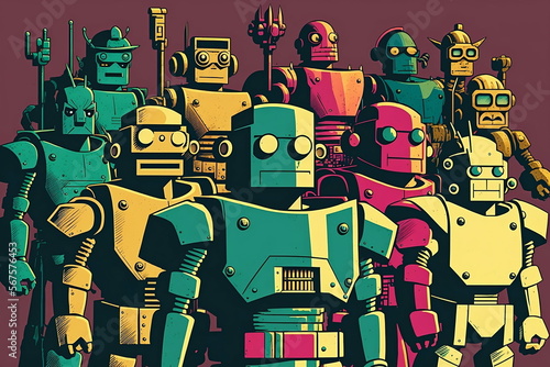Group of many robots in an army and the ai revolution. The future is here and its retro pop art style robots