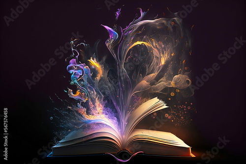 Enchanted magic spell book emitting stories and energy. A colorful powerful witchcraft tome. photo