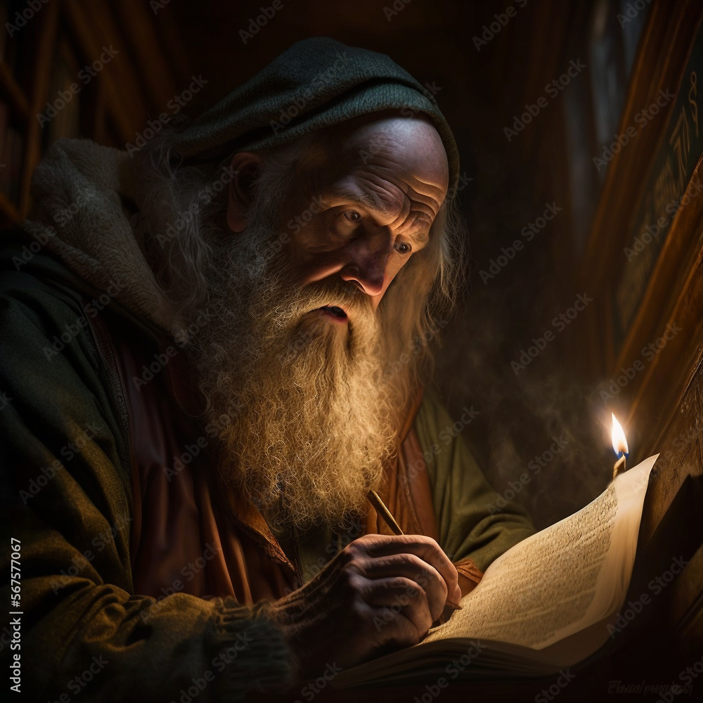 Portrait of old monk writing manuscript under candle light in his chamber, created with Generative AI technology - obrazy, fototapety, plakaty 