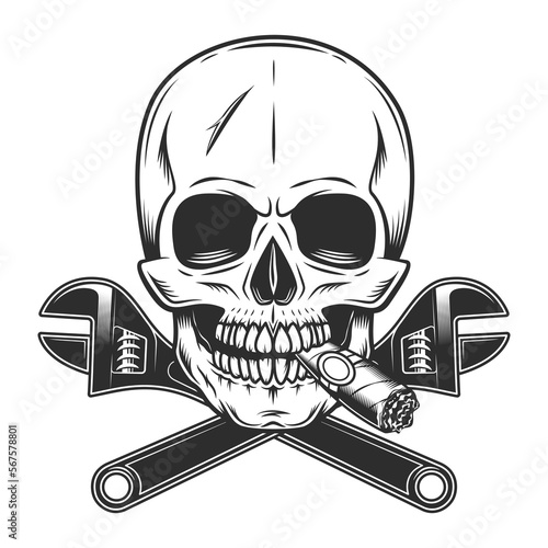 Skull  smoking cigar or cigarette smoke with wrench tools in monochrome illustration style vector icon. Construction spanner plumbing key tool isolated on white background.
