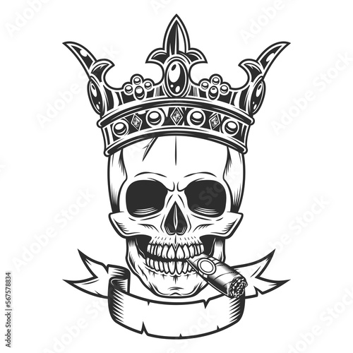 Skull smoking cigar or cigarette smoke in crown king with crossed swords and ribbon illustration. Vintage crowning, elegant queen or king crowns, royal imperial coronation symbols.