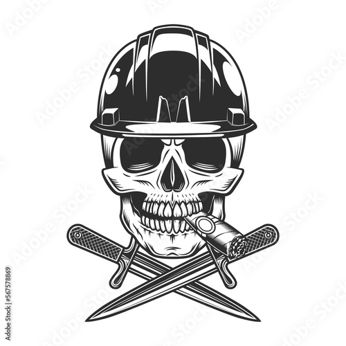 New construction builder skull smoking cigar or cigarette smoke with crossed knife, hard hat business business remodeling house vintage style illustration